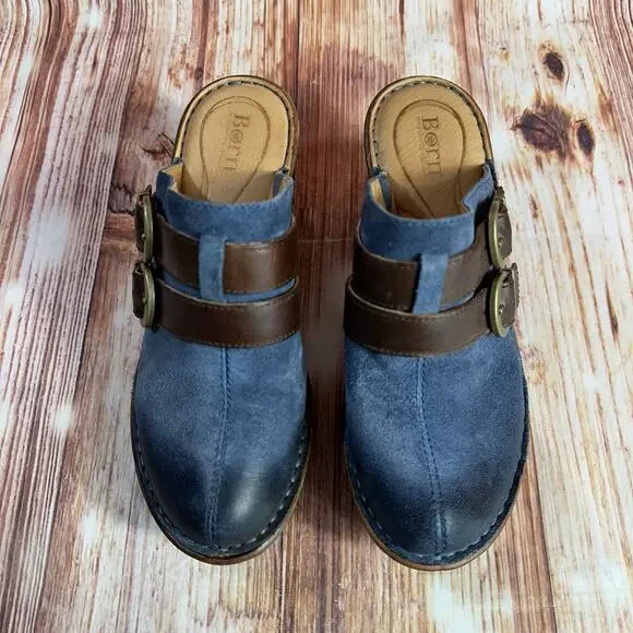 Born Sz 7 Blue Suede Leather Buckle Slide On Chunky Block Heel Clogs Mules Shoes - Picture 3 of 11